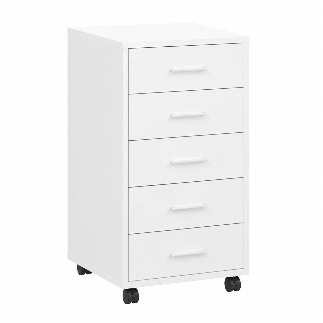 Cassettiera su ruote bianca lucida in legno, 5 cassetti, 33x38x63 cm, mobile versatile per ufficio e cameretta