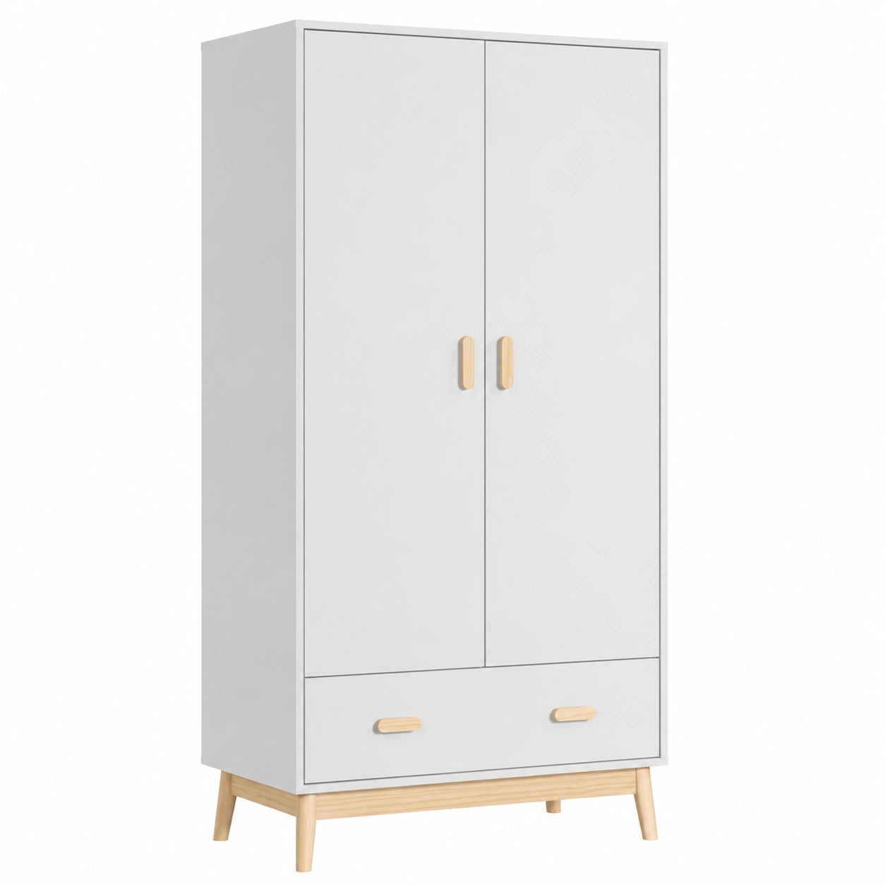 Armadio per Bambini in Stile Scandinavo, Bianco Marrone, con Cassetto e Ante - 175 x 80 x 55 cm