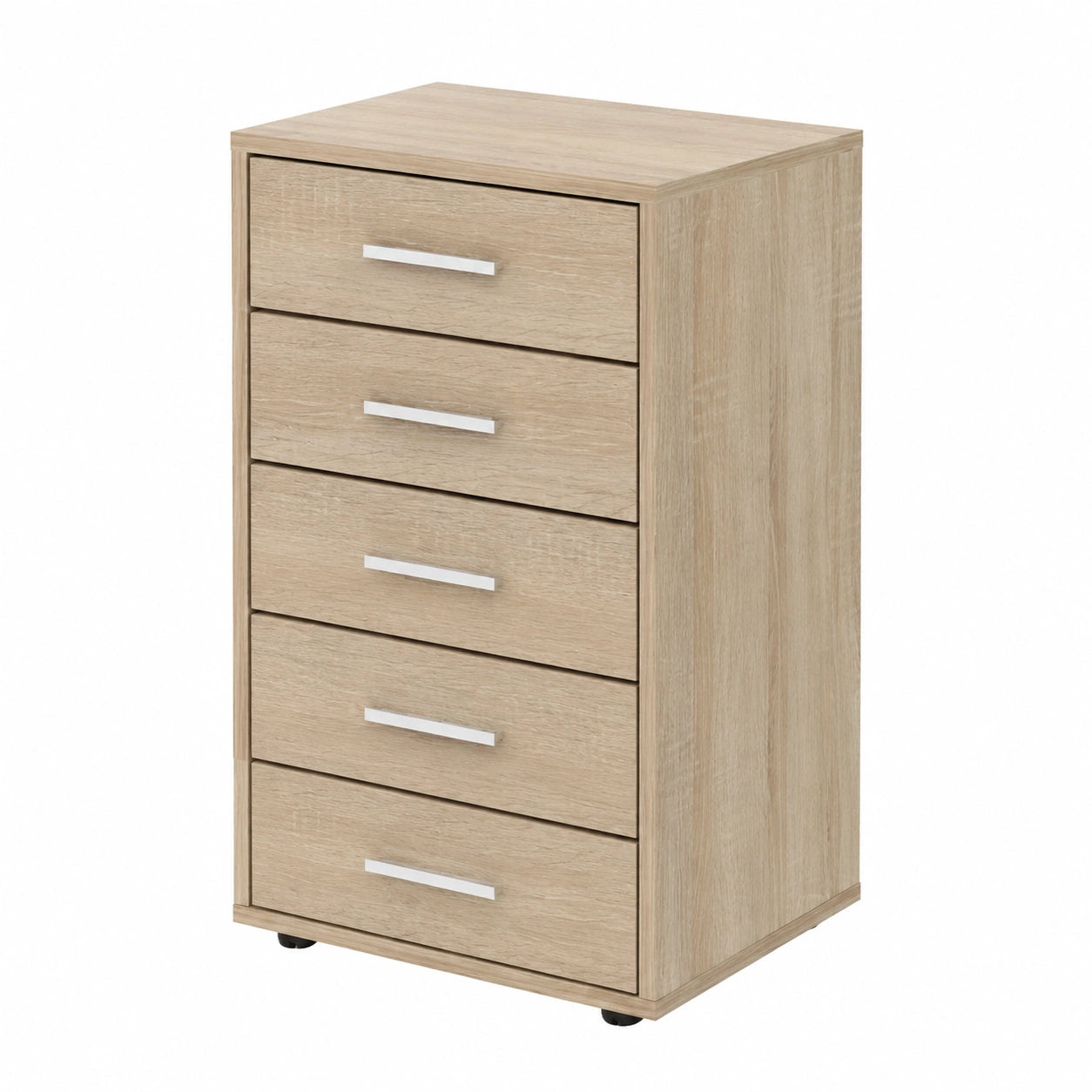 Mobiletto da Ufficio con Ruote e 5 Cassetti in Rovere, MDF, 33x38x63 cm, Maniglie in Alluminio