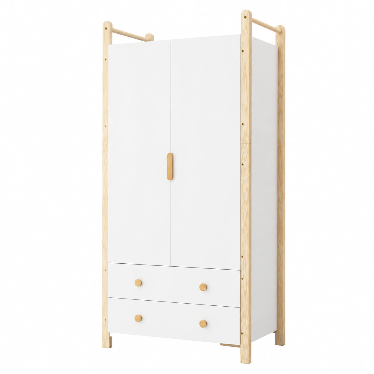 Guardaroba a Doppia Anta con Cassetti, 90x45x180 cm, Legno di Pino e Finitura Bianca, Adatto per Camera e Soggiorno
