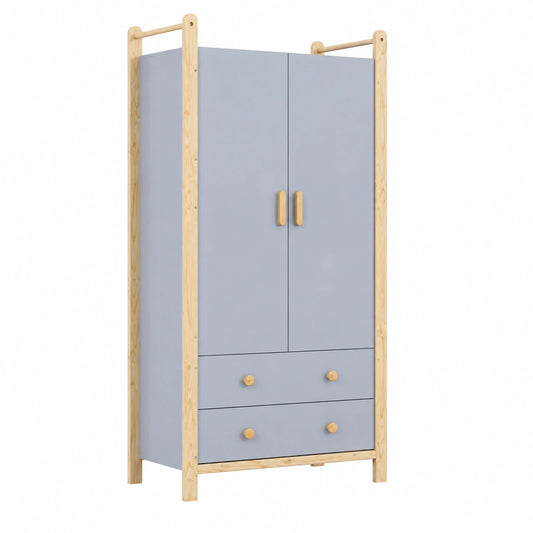 Guardaroba a 2 ante con cassetti e appendiabiti, legno di pino blu, 90x45x180 cm