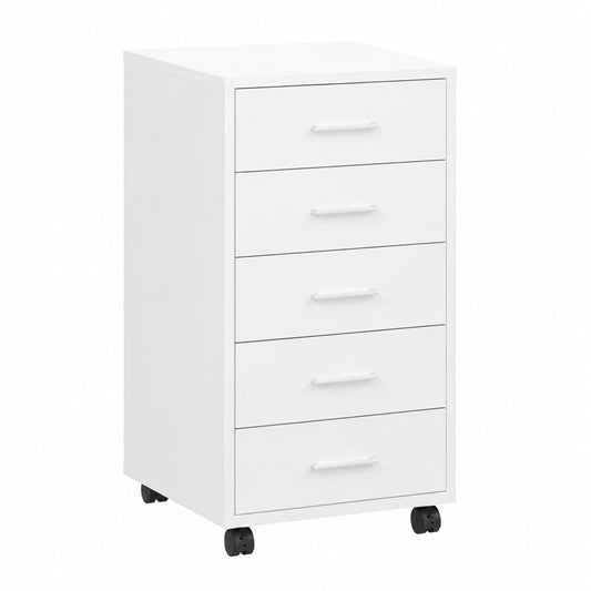 Cassettiera su ruote bianca lucida in legno, 5 cassetti, 33x38x63 cm, mobile versatile per ufficio e cameretta