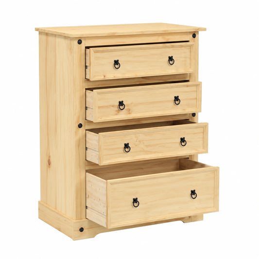 Cassettiera in Pino Massello con 4 Cassetti, Design Rustico per Camera da Letto e Soggiorno