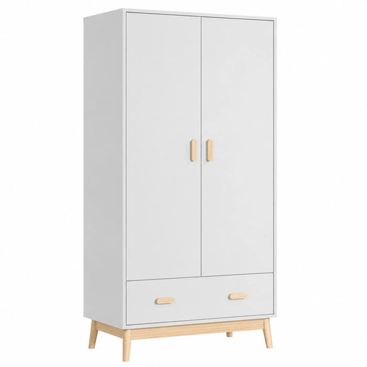 Armadio per Bambini in Stile Scandinavo, Bianco Marrone, con Cassetto e Ante - 175 x 80 x 55 cm