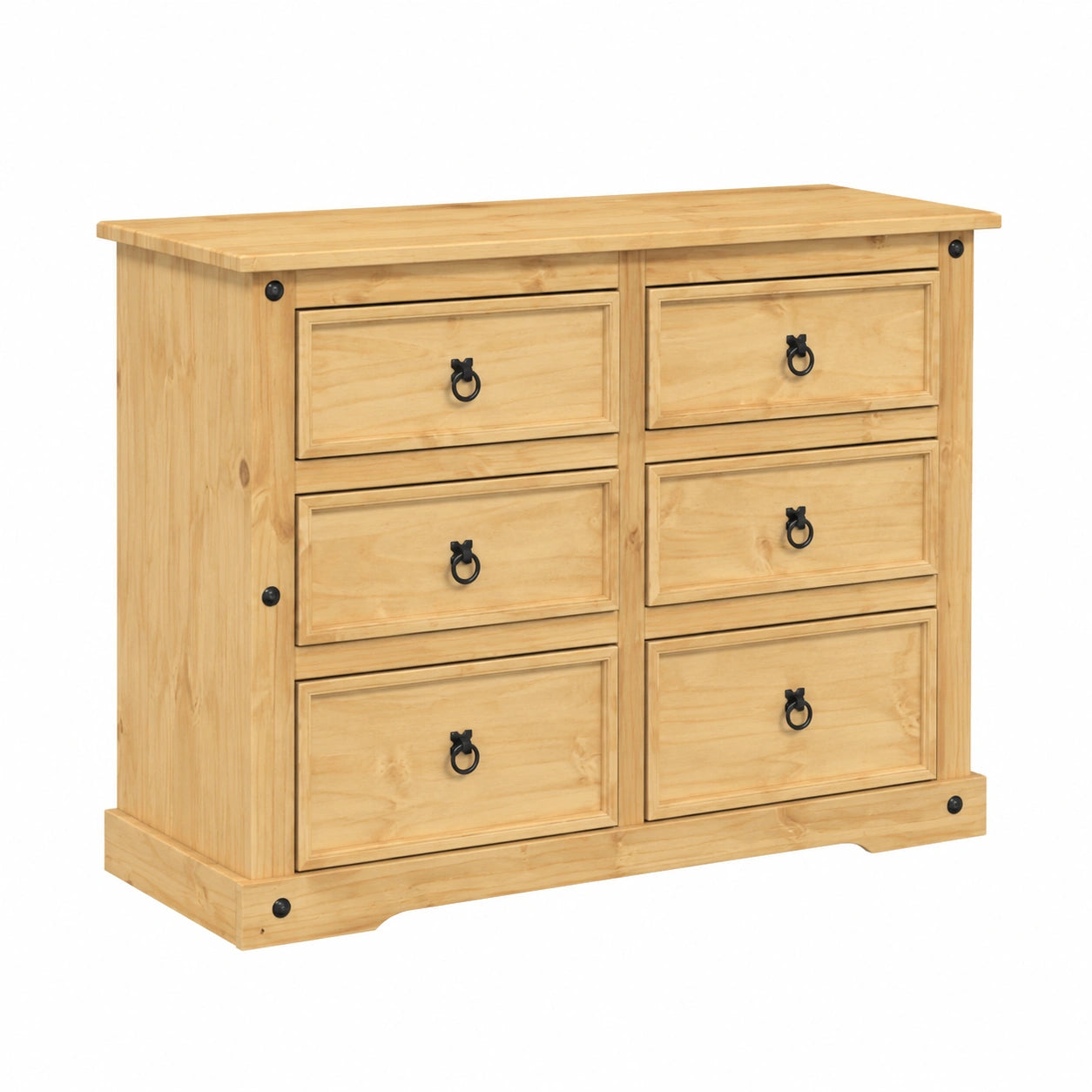 Cassettiera Rustica in Legno di Pino con 6 Cassetti, 110x43x91 cm, per Camera da Letto e Soggiorno