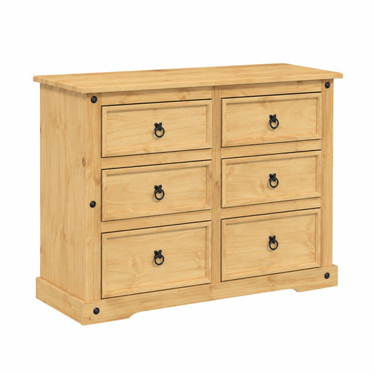 Cassettiera Rustica in Legno di Pino con 6 Cassetti, 110x43x91 cm, per Camera da Letto e Soggiorno