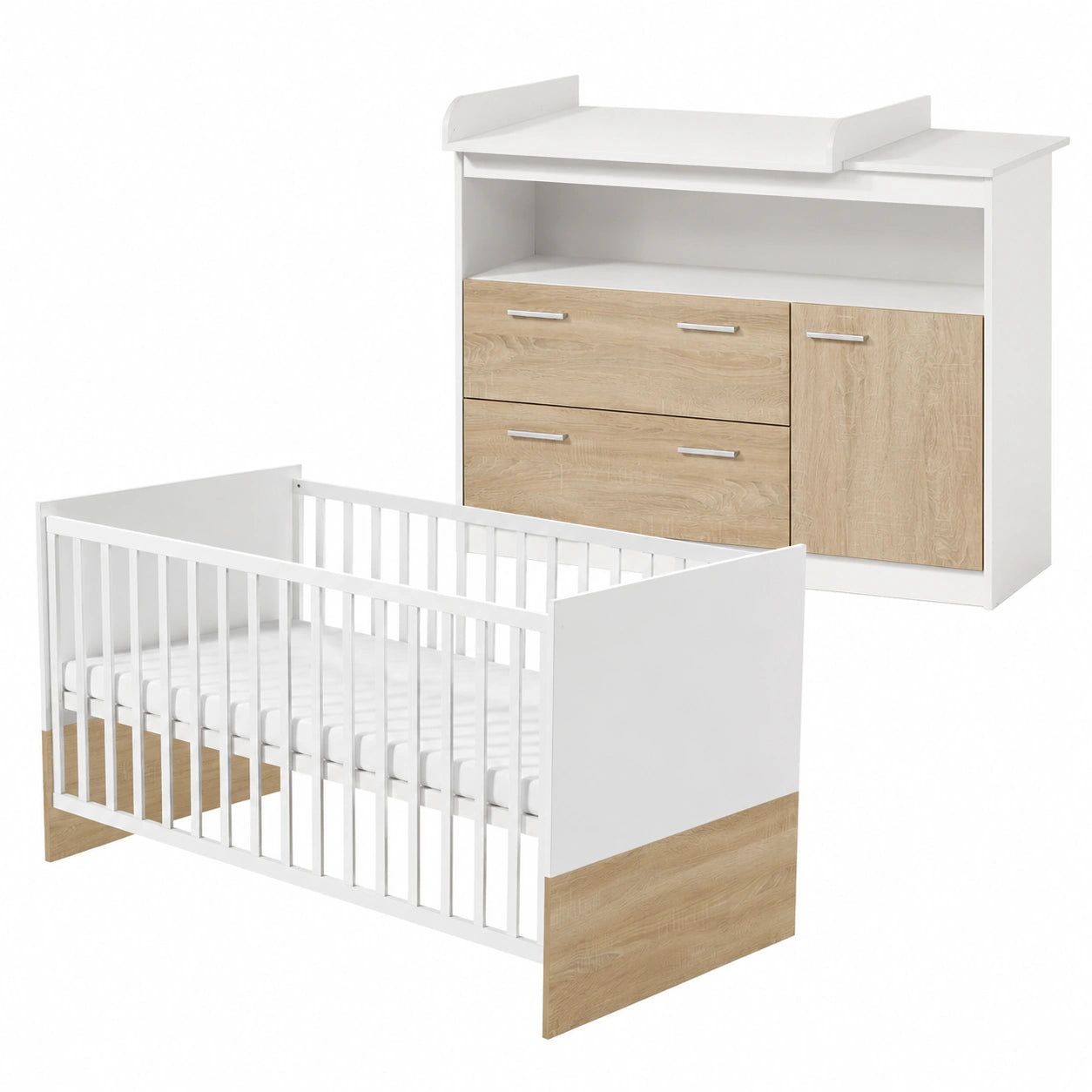 Cameretta per Bambini Gabriella: Lettino Combinato e Fasciatoio con Cassettiera, 70x140 cm, Bianco/Legno Naturale