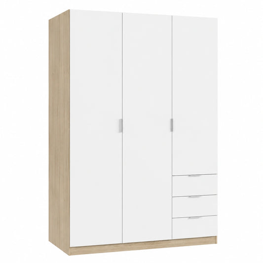 Guardaroba tripla anta e cassetti, rovere canadese e bianco, 121x180x52 cm