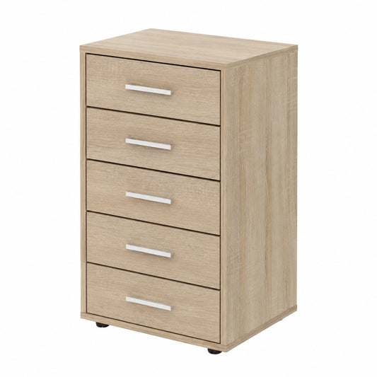 Mobiletto da Ufficio con Ruote e 5 Cassetti in Rovere, MDF, 33x38x63 cm, Maniglie in Alluminio