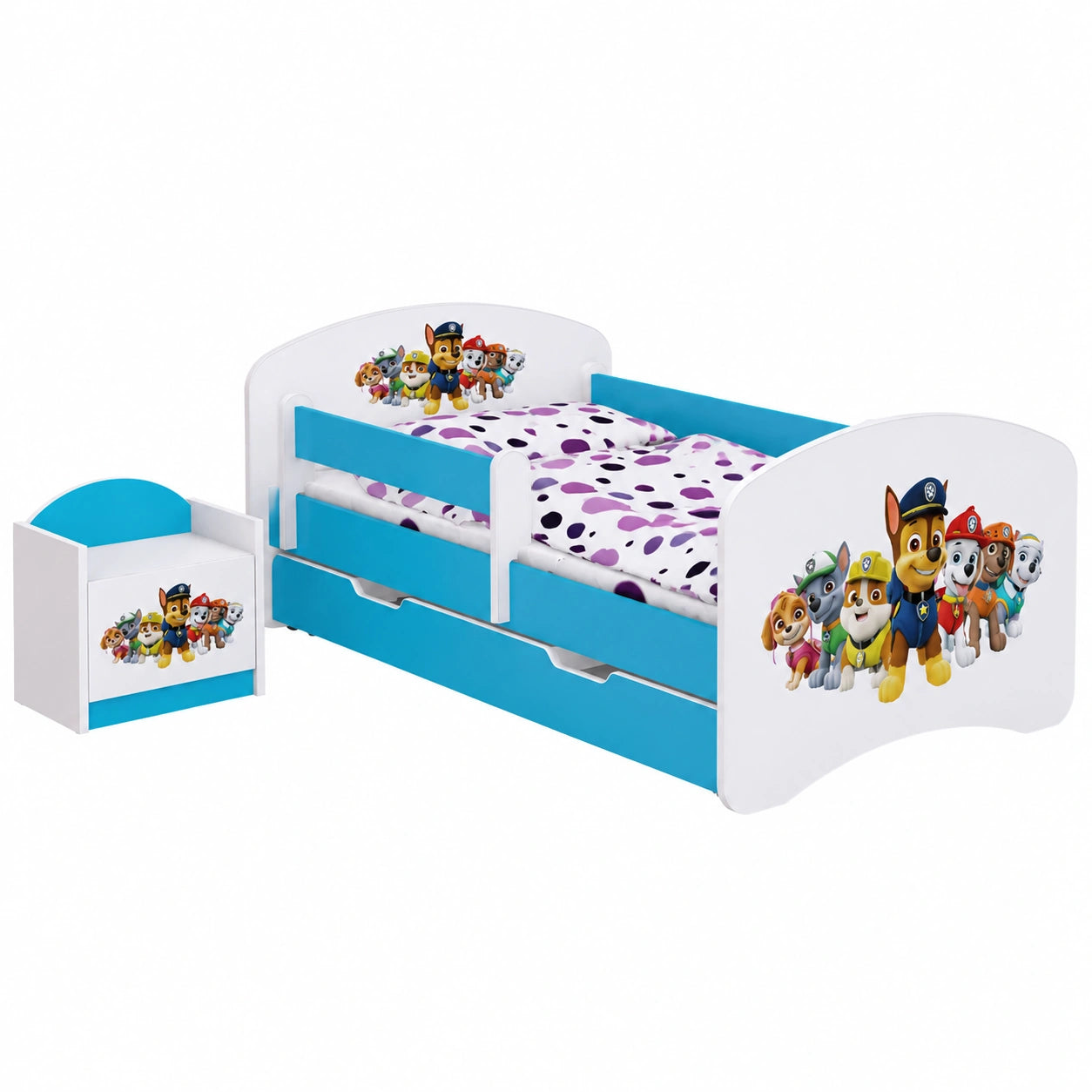 Letto per Bambini Super Dog con Materasso e Cassetto - Design Sicuro e Resistente - Camera da Letto Blu 140x70 cm
