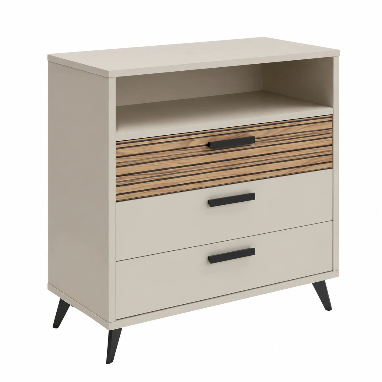 Comò Moderno BRAVO con 3 Cassetti e Vano Aperto, per Cameretta, 91,2x94,8x44,7 cm, Grigio e Legno