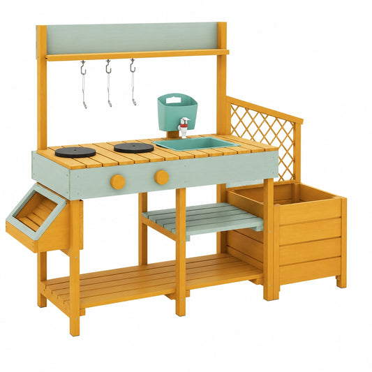 COSTWAY Gioco Cucina in Legno per Bambini con Accessori, Lavello Rimovibile e Spazio per Piante, per Età 3-8 Anni (Verde Chiaro e Giallo)