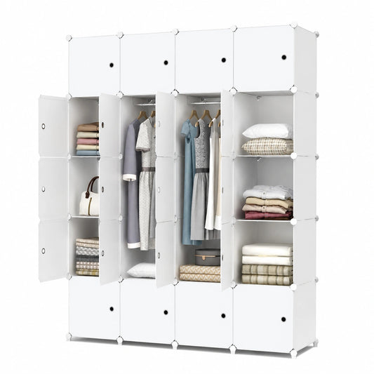 HOMIDEC Guardaroba Modulare 20 Cubi, Portatile con 3 Barre Appendiabiti, Scomparti Profondi 35x45 cm, Mobiletto Fai-da-te per Camera da Letto, Bianco